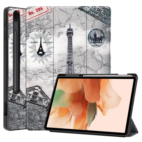 For Samsung Galaxy Tab S7 Lite T730 / T735 / Tab S7 FE T736 Custer Painted TPU Smart Tablet Leather Case with Sleep / Wake-up Function & 3-Fold Holder & Pen Slot(Retro Tower)