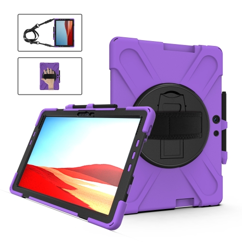 For Microsoft Surface Pro X Shockproof Colorful Silicone + PC Protective Case with Holder & Hand Strap & Shoulder Strap & Pen Slot(Purple)