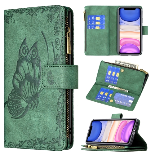 For iPhone 11 Flying Butterfly Embossing Pattern Zipper Horizontal Flip Leather Case with Holder & Card Slots & Wallet(Green)