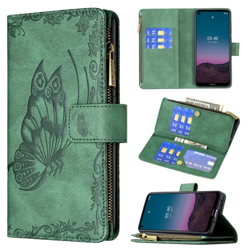 For Nokia 5.4 Flying Butterfly Embossing Pattern Zipper Horizontal Flip Leather Case with Holder & Card Slots & Wallet(Green)