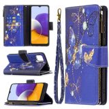 For Samsung Galaxy A22 5G Colored Drawing Pattern Zipper Horizontal Flip Leather Case with Holder & Card Slots & Wallet(Purple Butterfly)