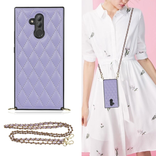 For Huawei Mate 20 Lite Elegant Rhombic Pattern Microfiber Leather +TPU Shockproof Case with Crossbody Strap Chain(Purple)
