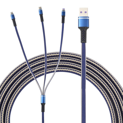 1.2m USB to 8 Pin + USB-C / Type-C + Micro USB 3 in 1 Nylon Braided Charging Cable(Blue)