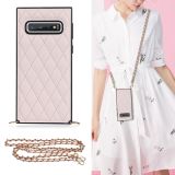 For Samsung Galaxy S10+ Elegant Rhombic Pattern Microfiber Leather +TPU Shockproof Case with Crossbody Strap Chain(Pink)