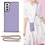 For Samsung Galaxy S21 5G Elegant Rhombic Pattern Microfiber Leather +TPU Shockproof Case with Crossbody Strap Chain(Purple)