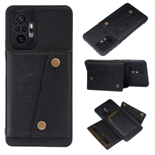 For Xiaomi Redmi Note 10 Pro Max Double Buckle PU + TPU Shockproof Magnetic Protective Case with Card Slot & Holder(Black)