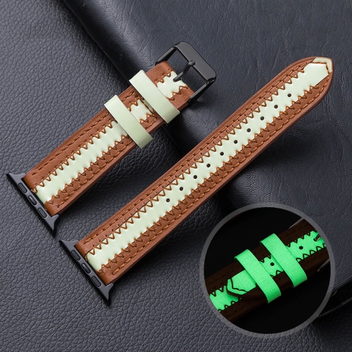 Cowhide Leather Luminous Replacement Strap Watchband For Apple Watch Series 6 & SE & 5 & 4 44mm / 3 & 2 & 1 42mm(Brown)