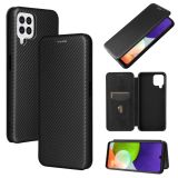 For Samsung Galaxy A22 4G Carbon Fiber Texture Magnetic Horizontal Flip TPU + PC + PU Leather Case with Card Slot(Black)
