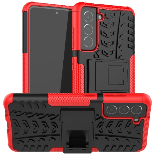 For Samsung Galaxy S21 FE Tire Texture Shockproof TPU+PC Protective Case with Holder(Red)