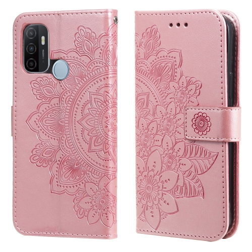For OPPO A53 / A33 / A32 7-petal Flowers Embossing Pattern Horizontal Flip PU Leather Case with Holder & Card Slots & Wallet & Photo Frame(Rose Gold)