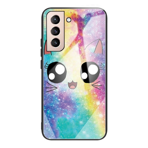 For Samsung Galaxy S21 FE Colorful Painted Glass Shockproof Protective Case(Big eyes animal)