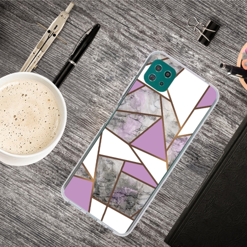 For Samsung Galaxy A22 5G Abstract Marble Pattern Protective Case(Rhombus Gray Purple)