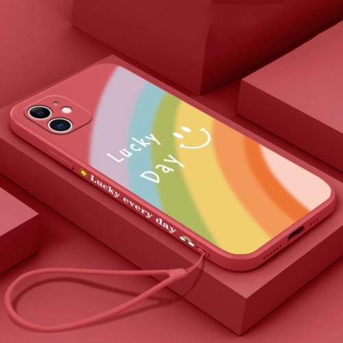 Straight Edge Rainbow Pattern Liquid Silicone Protective Case with Hand Strap For iPhone 11(Camellia Red)