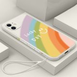 Straight Edge Rainbow Pattern Liquid Silicone Protective Case with Hand Strap For iPhone 12(Antique White)