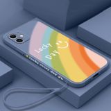 Straight Edge Rainbow Pattern Liquid Silicone Protective Case with Hand Strap For iPhone 11 Pro(Lavender Grey)