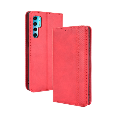 For TCL 20 Pro 5G Magnetic Buckle Retro Crazy Horse Texture Horizontal Flip Leather Case with Holder & Card Slots & Photo Frame(Red)