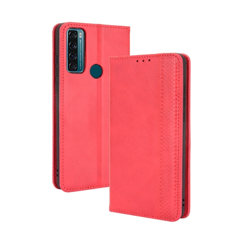 For TCL 20 SE Magnetic Buckle Retro Crazy Horse Texture Horizontal Flip Leather Case with Holder & Card Slots & Photo Frame(Red)