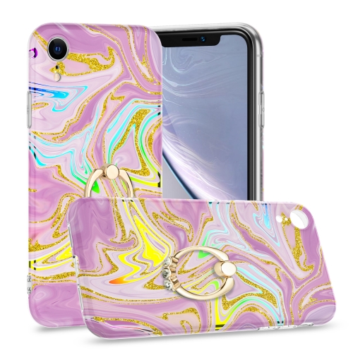 Laser Glitter Watercolor Pattern Shockproof Protective Case with Ring Holder For iPhone XR(FD5)