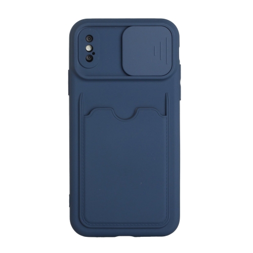 Sliding Camera Cover Design TPU Protective Case with Card Slot For iPhone XS Max(Dark Blue)