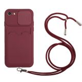 Sliding Camera Cover Design TPU Protective Case with Card Slot & Neck Lanyard For iPhone SE 2020 / 8 / 7(Wine Red)