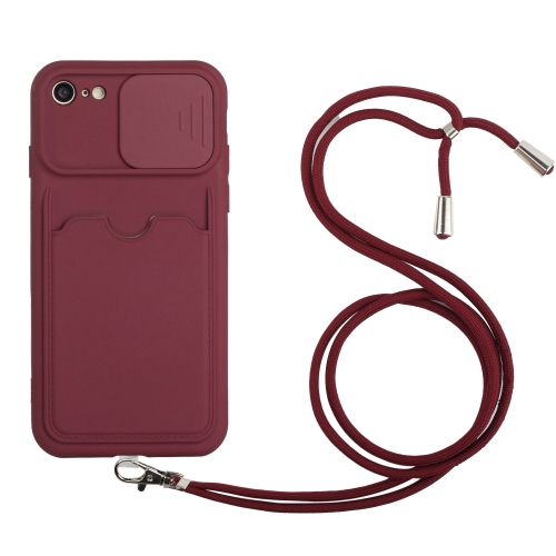 Sliding Camera Cover Design TPU Protective Case with Card Slot & Neck Lanyard For iPhone SE 2020 / 8 / 7(Wine Red)