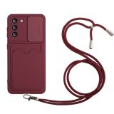 For Samsung Galaxy S21 5G Sliding Camera Cover Design TPU Protective Case with Card Slot & Neck Lanyard(Wine Red)