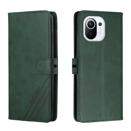 For Xiaomi Mi 11 Stitching Style 2-Color Cow Texture Horizontal Flip PU Leather Case with Holder & Card Slot & Lanyard(Green)