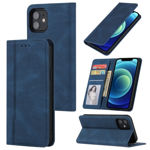 Skin Feel Pressure Line Magnetic Horizontal Flip Leather Case with Holder & Card Slot & Wallet & Photo Frame For iPhone 12 Pro / 12(Blue)