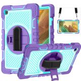 For Samsung Galaxy Tab A7 Lite T220 / T225 360 Degree Rotation Contrast Color Shockproof Silicone + PC Case with Holder & Hand Grip Strap & Shoulder Strap(Purple + Mint Green)
