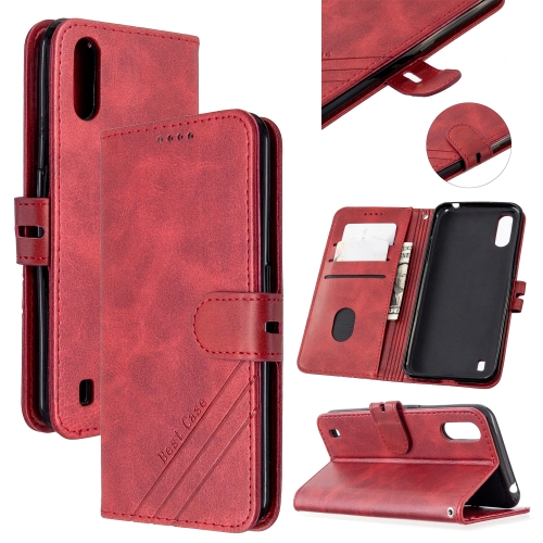 For Samsung Galaxy A01 Stitching Style 2-Color Cow Texture Horizontal Flip PU Leather Case with Holder & Card Slot & Lanyard(Red)
