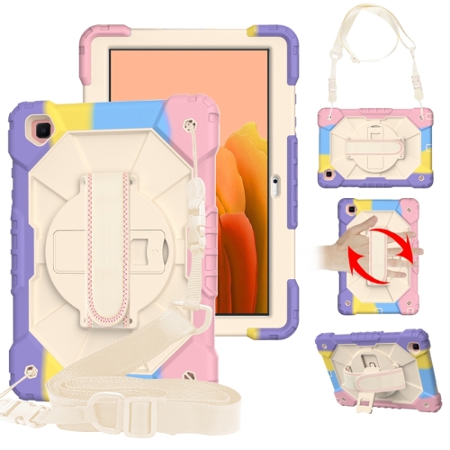 For Samsung Galaxy Tab A7 T500 / T505 Contrast Color Robot Shockproof Silicon + PC Protective Case with Holder & Shoulder Strap(Colorful Pink)
