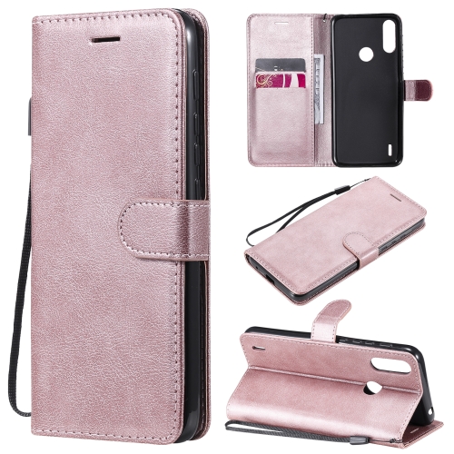 For Motorola Moto E7 Power Solid Color Horizontal Flip Protective Leather Case with Holder & Card Slots & Wallet & Photo Frame & Lanyard(Rose Gold)