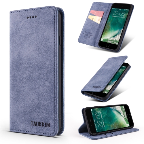 TAOKKIM Retro Matte PU Horizontal Flip Leather Case with Holder & Card Slots For iPhone 7 Plus / 8 Plus(Blue)