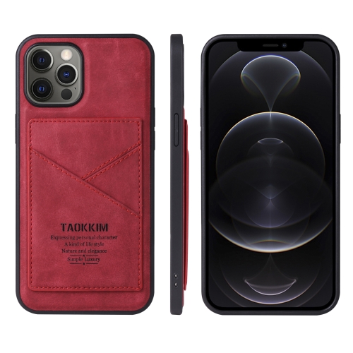 TAOKKIM Retro Matte PU Leather + PC + TPU Shockproof Back Cover Case with Holder & Card Slot For iPhone 12 / 12 Pro(Red)