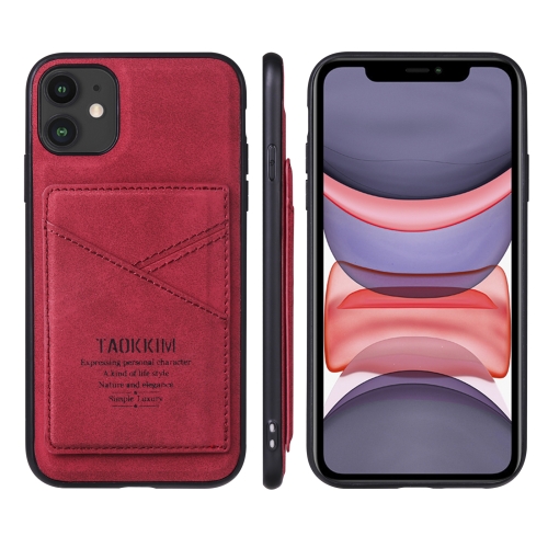 TAOKKIM Retro Matte PU Leather + PC + TPU Shockproof Back Cover Case with Holder & Card Slot For iPhone 11(Red)