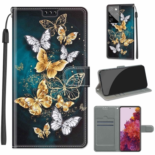 For Samsung Galaxy S21 Ultra 5G Voltage Colored Drawing Magnetic Clasp Horizontal Flip PU Leather Case with Holder & Card Slots(C20 Gold Silver Flying Butterflies)