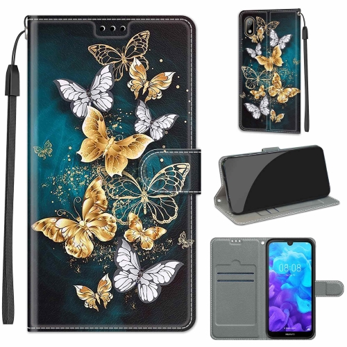 For Huawei Y5 2019 / Honor 8S Voltage Colored Drawing Magnetic Clasp Horizontal Flip PU Leather Case with Holder & Card Slots(C20 Gold Silver Flying Butterflies)