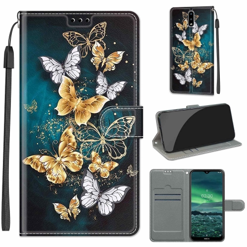For Nokia 2.3 Voltage Colored Drawing Magnetic Clasp Horizontal Flip PU Leather Case with Holder & Card Slots(C20 Gold Silver Flying Butterflies)