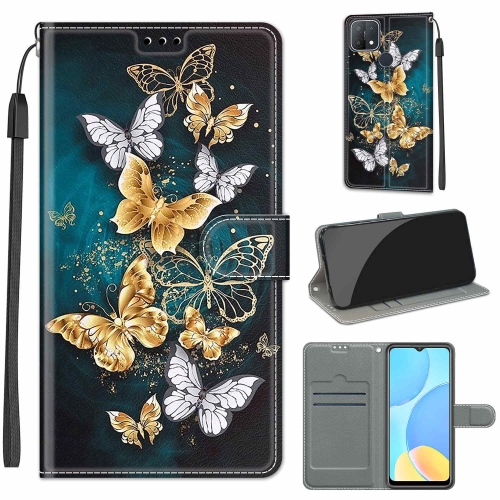 For OPPO A15 / A15s Voltage Coloured Drawing Magnetic Clasp Horizontal Flip PU Leather Case with Holder & Card Slots(C20 Gold Silver Flying Butterflies)