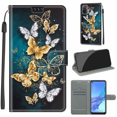For OPPO A53 / A53s / A32 Voltage Coloured Drawing Magnetic Clasp Horizontal Flip PU Leather Case with Holder & Card Slots(C20 Gold Silver Flying Butterflies)