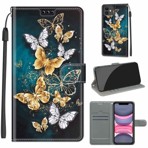 Voltage Colored Drawing Magnetic Clasp Horizontal Flip PU Leather Case with Holder & Card Slots For iPhone 11(C20 Gold Silver Flying Butterflies)