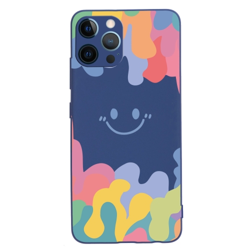 Painted Smiley Face Pattern Liquid Silicone Shockproof Case For iPhone 12 Pro(Dark Blue)