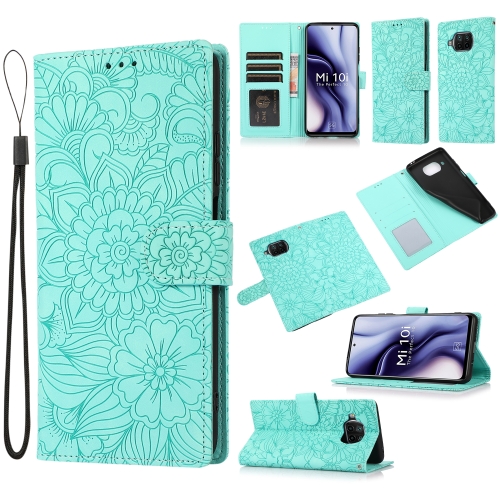For Xiaomi Mi 10T Lite 5G Skin Feel Embossed Sunflower Horizontal Flip Leather Case with Holder & Card Slots & Wallet & Lanyard(Green)