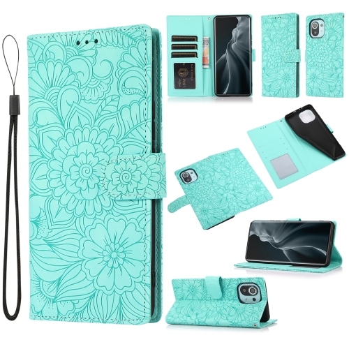 For Xiaomi Mi 11 Skin Feel Embossed Sunflower Horizontal Flip Leather Case with Holder & Card Slots & Wallet & Lanyard(Green)