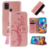 For Samsung Galaxy A21s Embossed Lucky Tree Horizontal Flip Leather Case with Holder & Card Slot & Wallet & Lanyard(Rose Gold)
