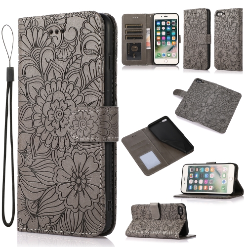 Skin Feel Embossed Sunflower Horizontal Flip Leather Case with Holder & Card Slots & Wallet & Lanyard For iPhone 7 Plus / 8 Plus(Gray)