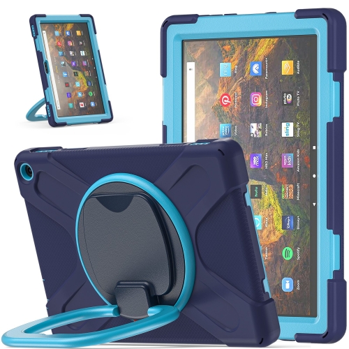 Silicone + PC Protective Case with Holder & Shoulder Strap For Amazon Kindle Fire HD 10 2021(Navy Blue + Blue)