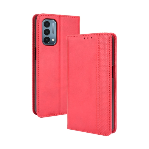 For OnePlus Nord N200 5G Magnetic Buckle Retro Crazy Horse Texture Horizontal Flip Leather Case with Holder & Card Slots & Photo Frame(Red)