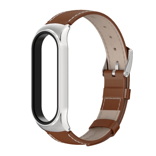 For Xiaomi Mi Band 6 / 5 / 4 / 3 Mijobs CS First Layer Cowhide Replacement Watchband(Brown + Silver)