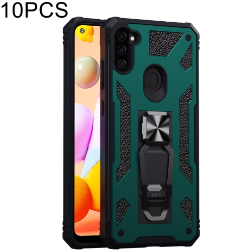 For Samsung Galaxy A11 EU Version 10 PCS Variety Armor TPU + PC Shockproof Magnetic Protective Case with Folding Clip Holder(Dark Night Green)